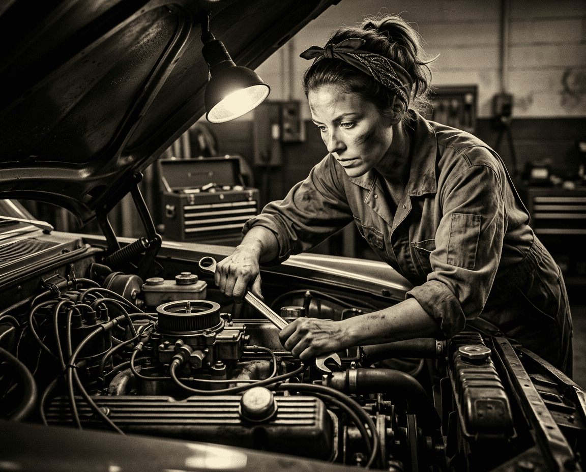 Focused woman mechanic in coveralls repairs a car engine with a wrench under a lamp.
