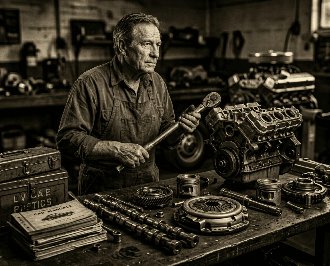 Elderly mechanic holding a wrench at a workbench covered in vintage car engine parts.