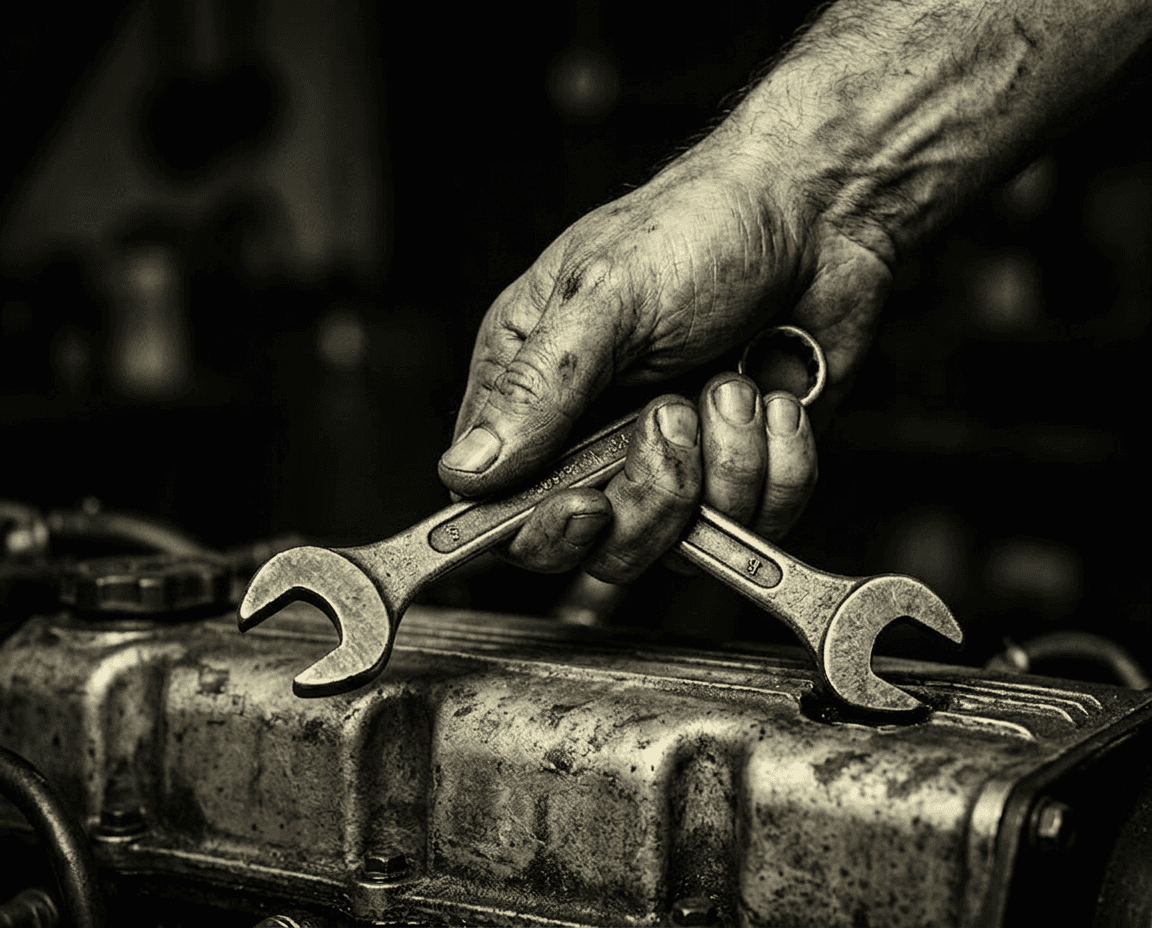 Grimy, calloused hand holding two metal wrenches over a greasy, weathered engine block.