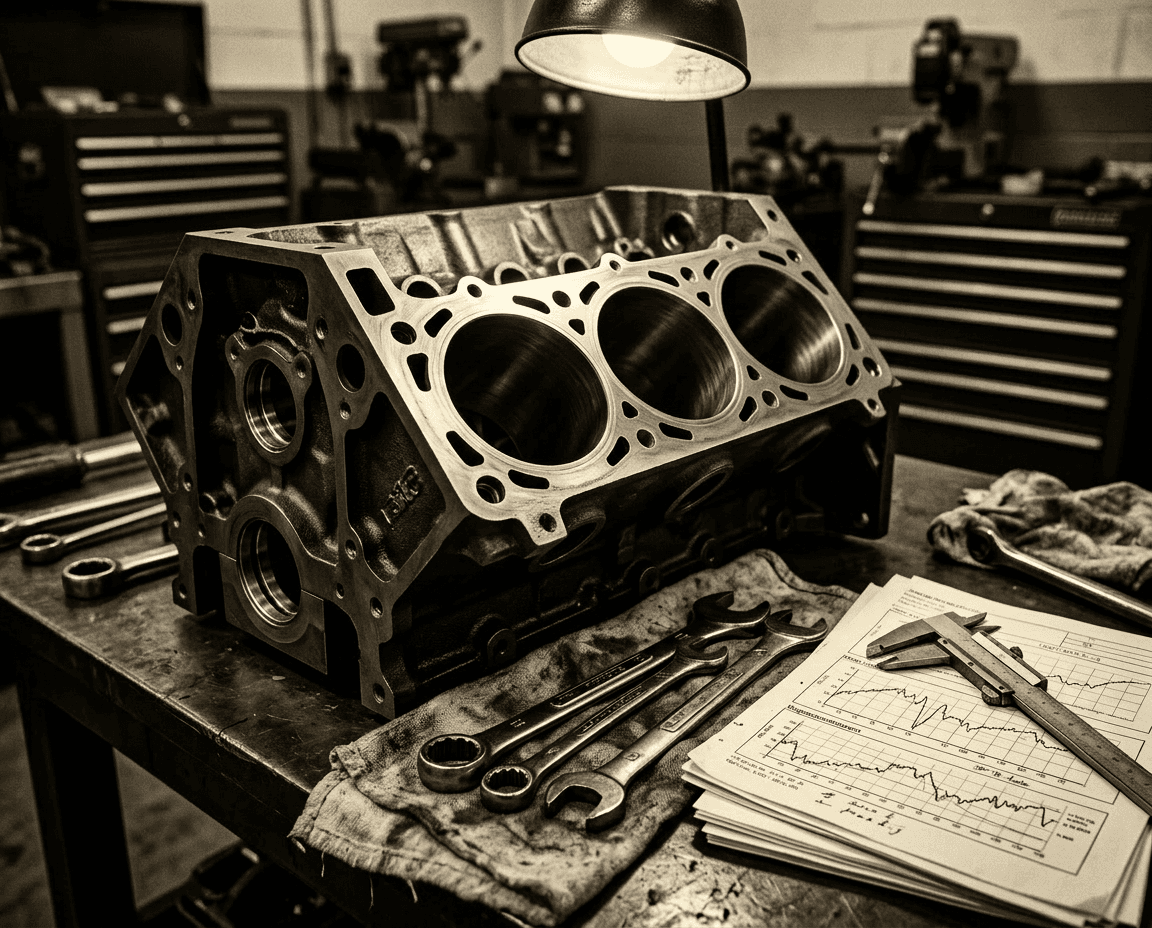 Sepia-toned engine block on a workbench surrounded by wrenches, calipers, and technical performance charts.