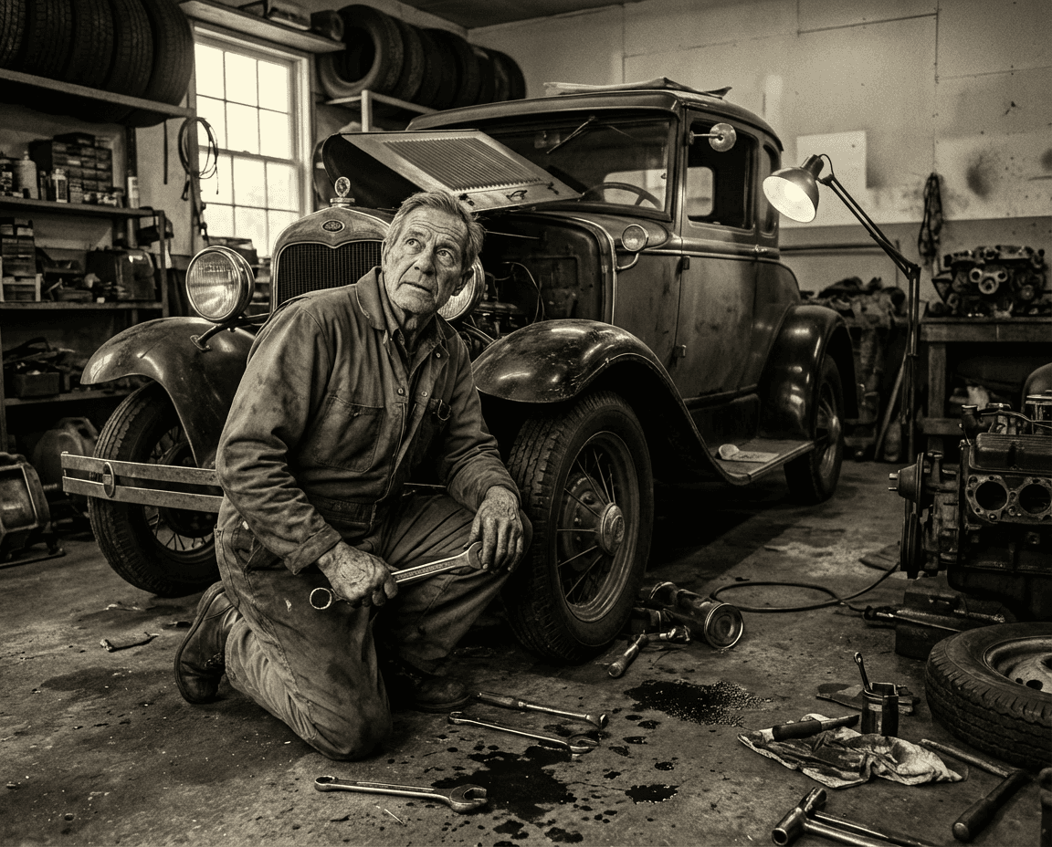 Weathered mechanic kneeling with a wrench beside a vintage car in a cluttered, sepia-toned garage.