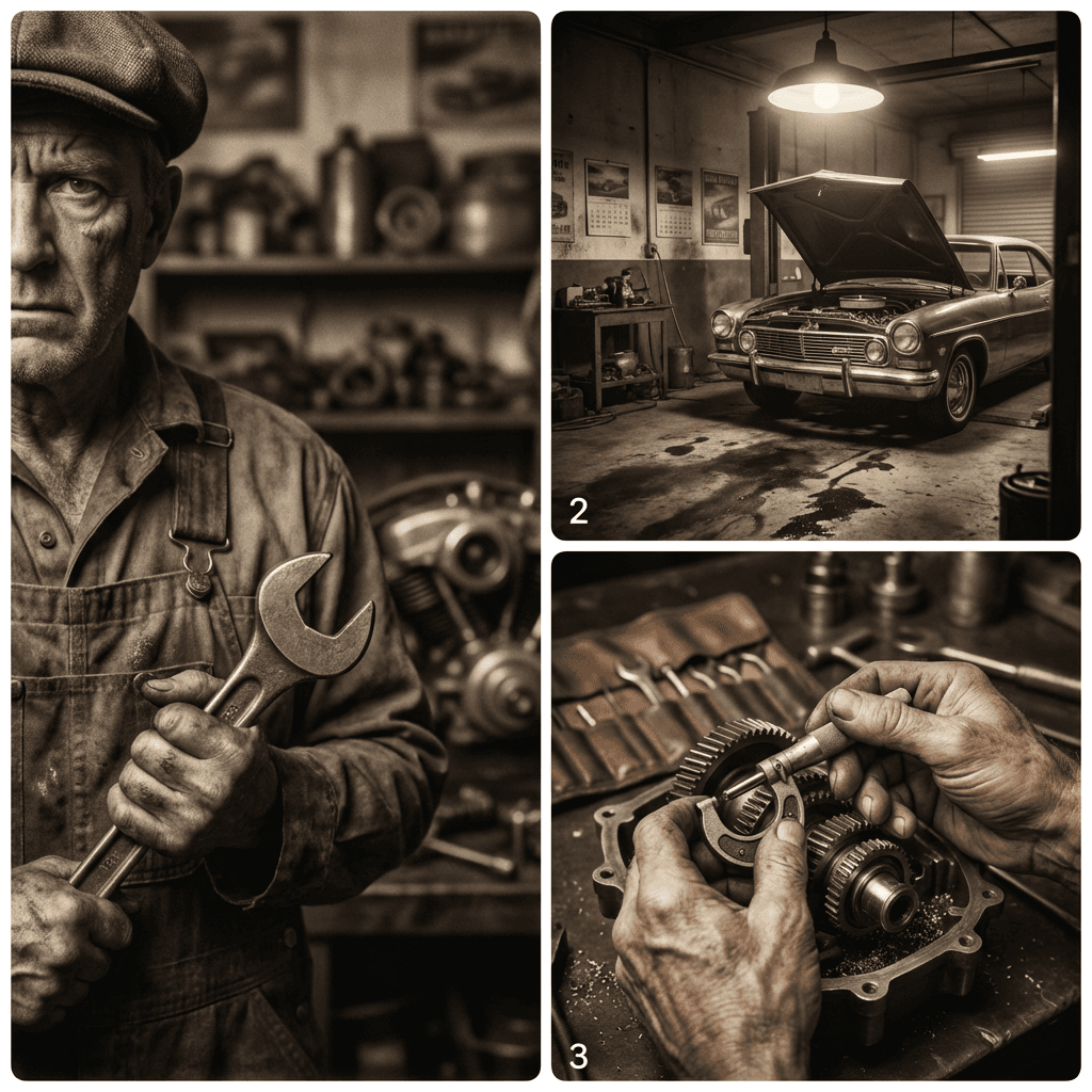 Sepia collage of a stern mechanic, a vintage car, and hands measuring mechanical gears.