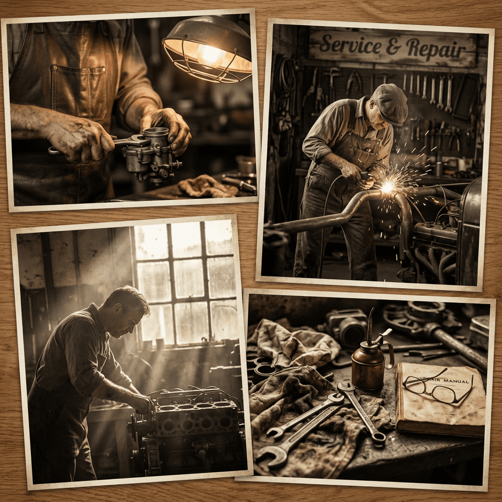 Sepia collage of mechanics repairing engines, welding, and vintage tools in a rustic workshop.
