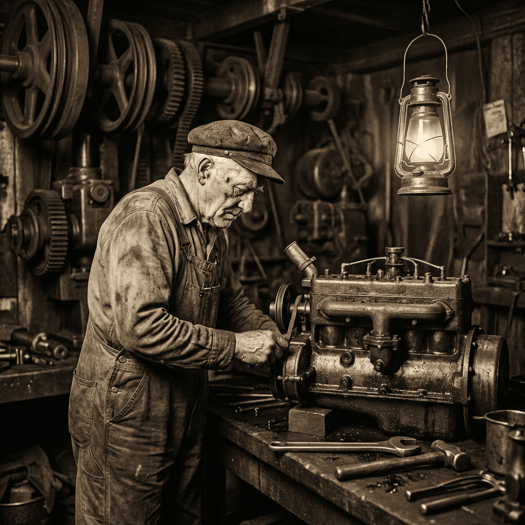 Elderly mechanic repairs a vintage engine in a sepia-toned workshop lit by a lantern.