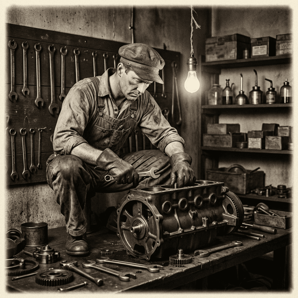 Sepia-toned mechanic in a flat cap repairs an engine block in a vintage workshop.