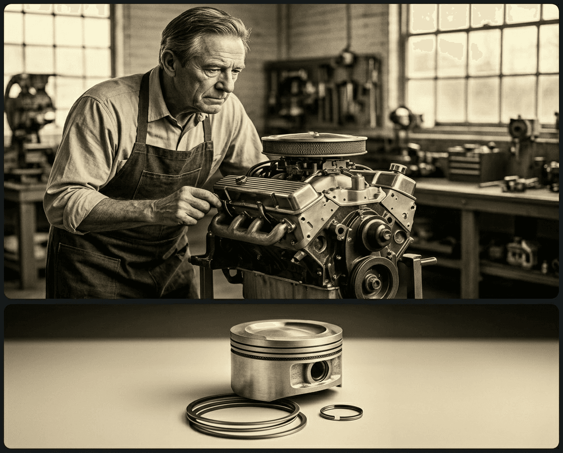 A mechanic examines a vintage engine in a workshop, with a piston shown below.