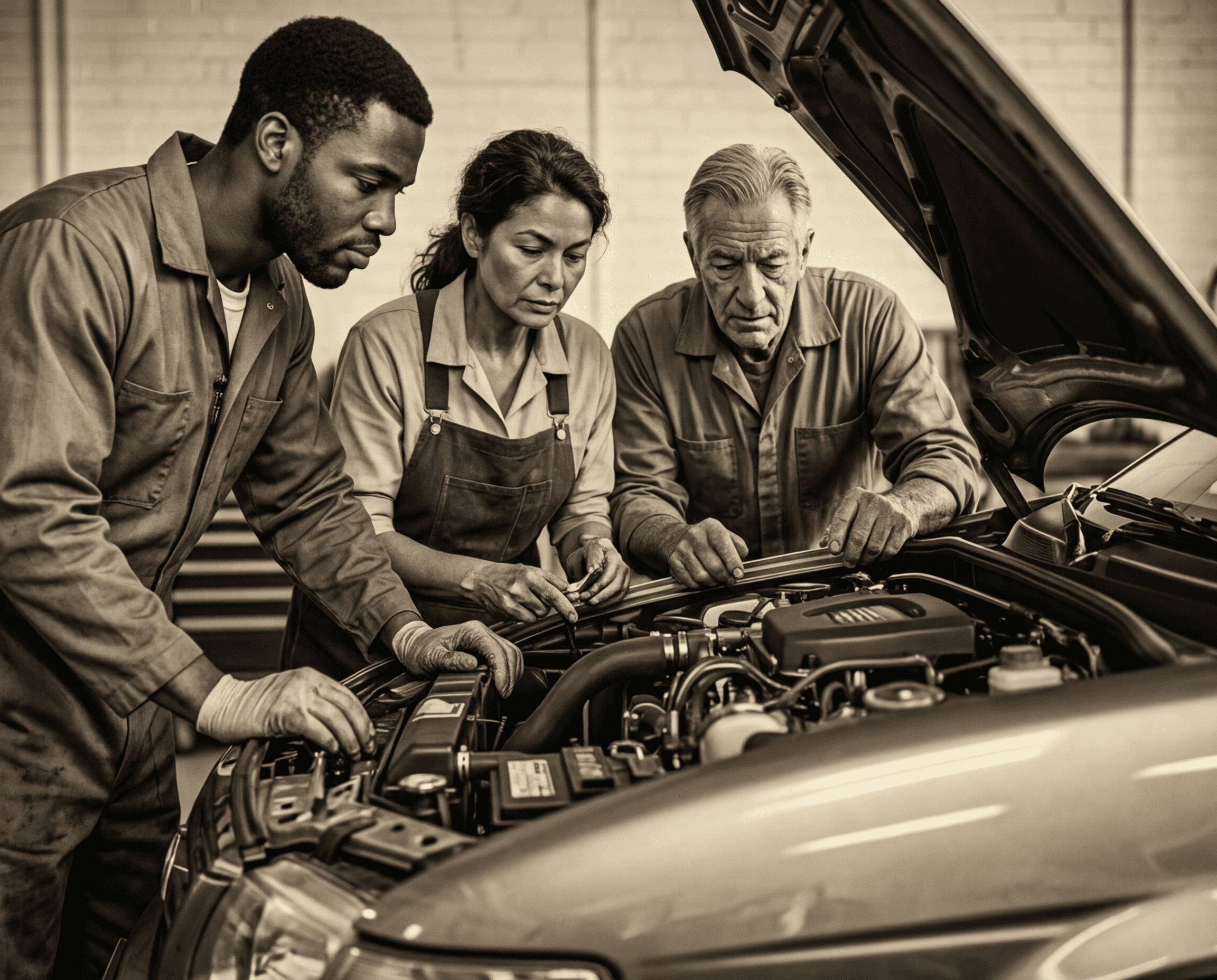 Three diverse mechanics in workwear intently examine a car engine under an open hood.