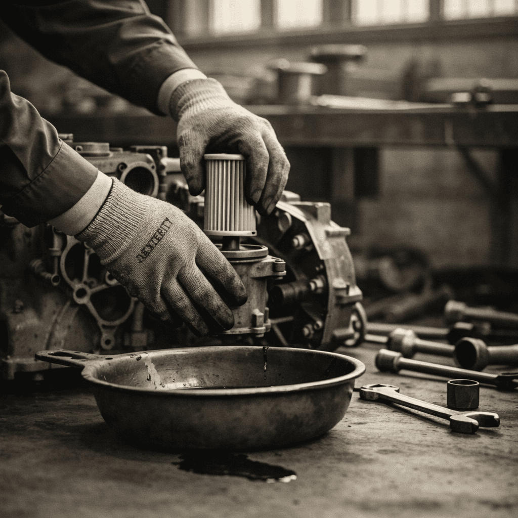 Gloved hands installing a filter into a mechanical engine part over an oil pan.