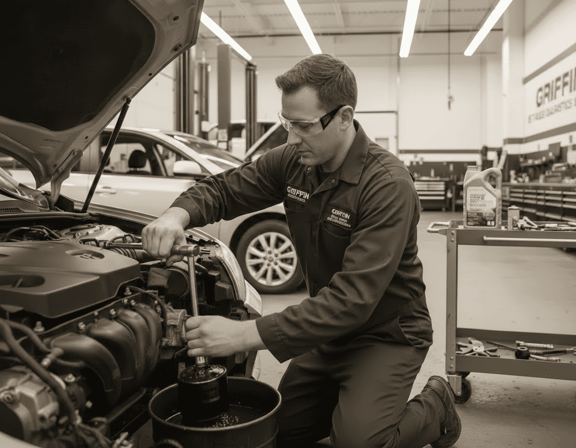Mechanic wearing safety glasses performs an oil change on a car in a workshop.