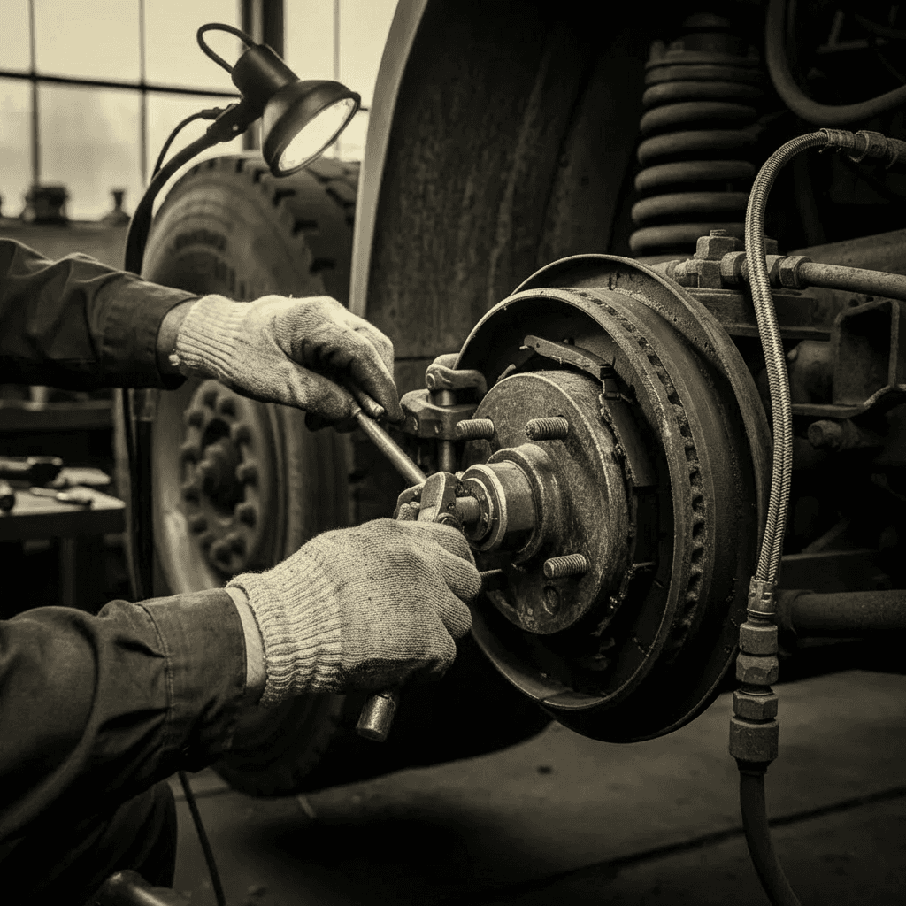 Mechanic's gloved hands repairing a vehicle's brake assembly with a tool under a lamp.