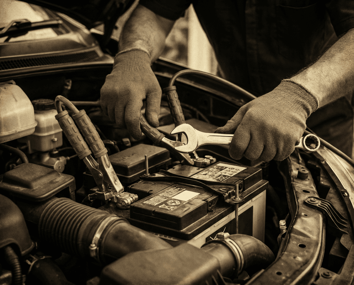 Mechanic's gloved hands using a wrench and jumper cables to fix a car's battery.