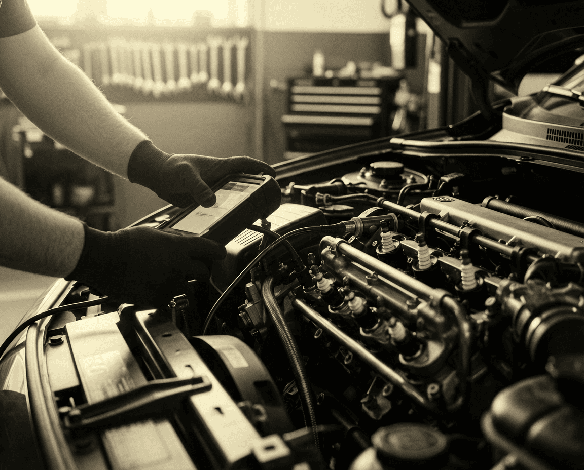 Mechanic in black gloves using a digital scanner to inspect a modern car engine.