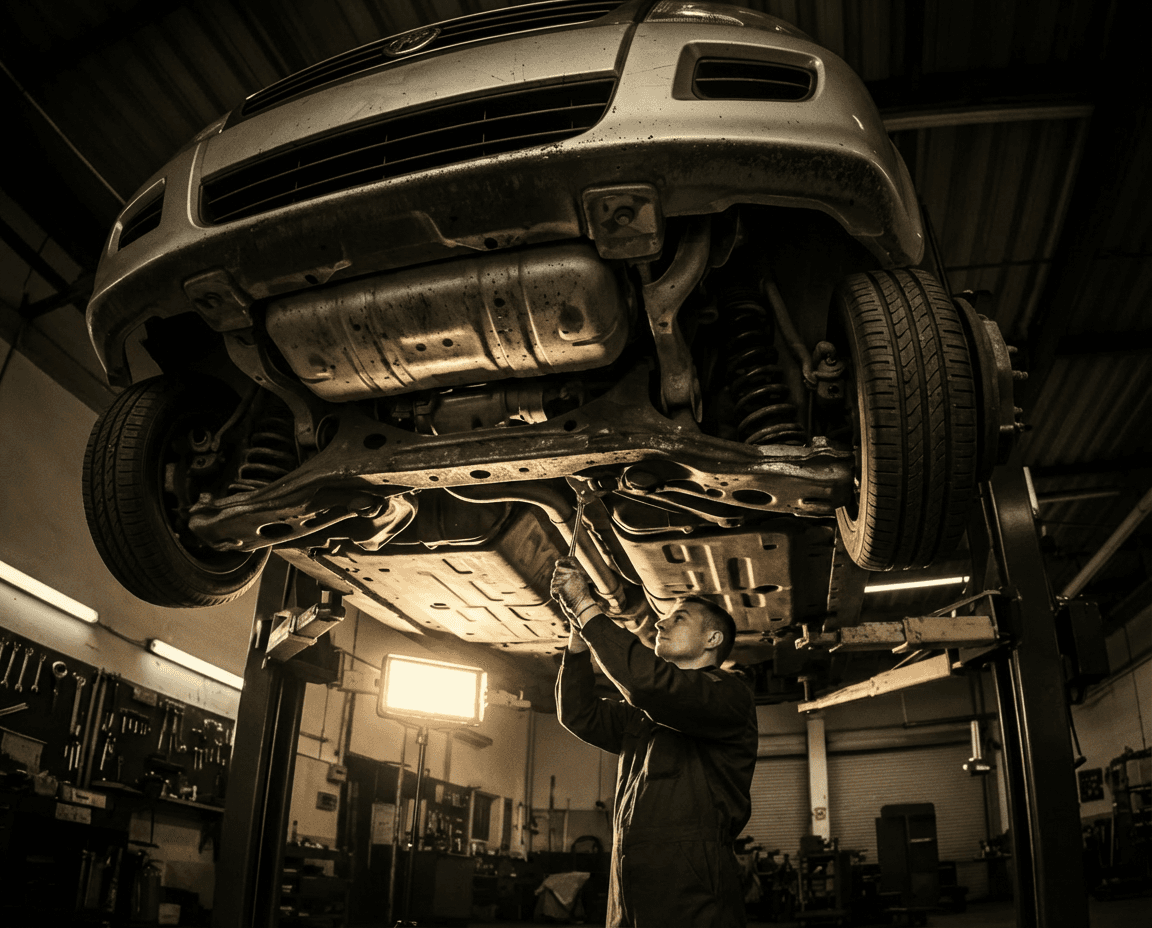 A mechanic works on the undercarriage of a car elevated on a hydraulic lift.