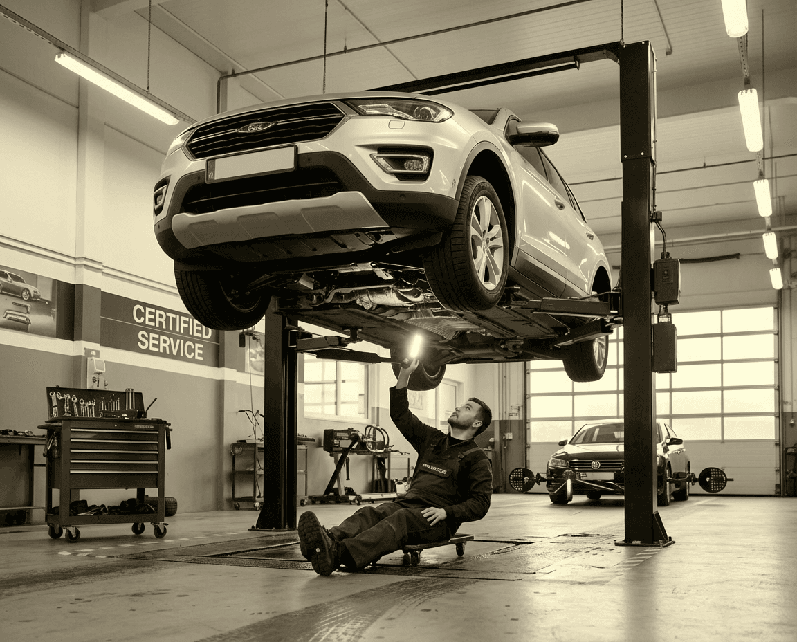 Mechanic on a creeper inspects the undercarriage of a car raised on a hydraulic lift.